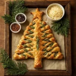 Golden puff pastry shaped like a Christmas tree with rosemary sprigs and festive garnishes on a rustic tray