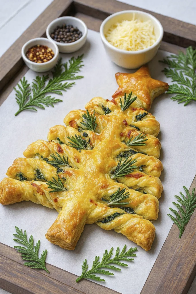 Golden puff pastry Christmas tree filled with cheese and herbs, garnished with rosemary on festive tray