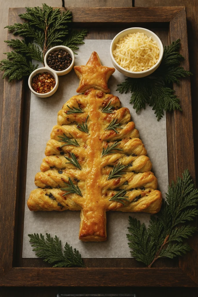 Golden puff pastry Christmas tree with cheese and rosemary on a festive tray
