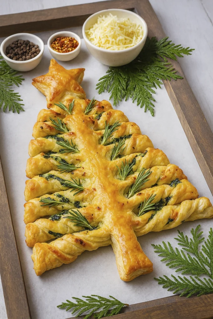 Golden Christmas tree–shaped puff pastry filled with cheese and herbs on a festive baking tray