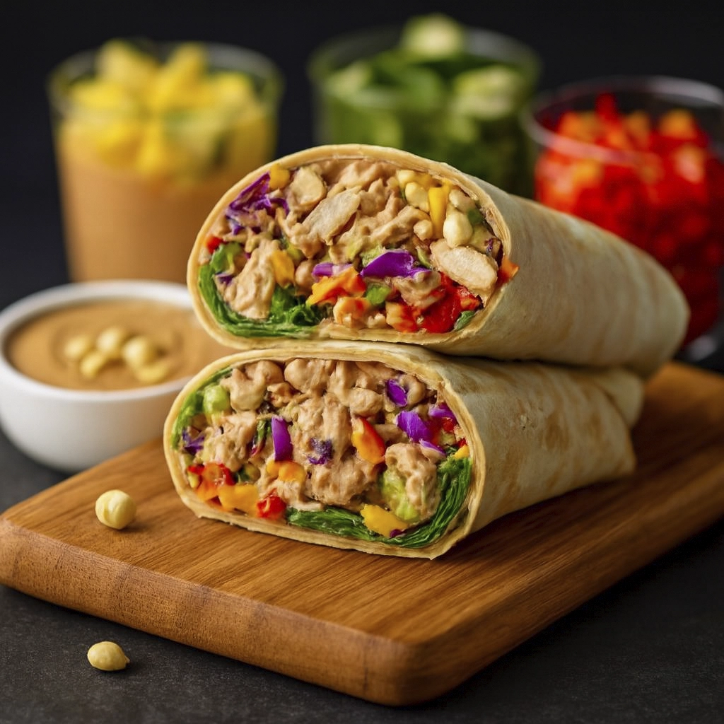 Straight-on view of a grilled chicken veggie wrap with colorful ingredients and dipping sauce.
