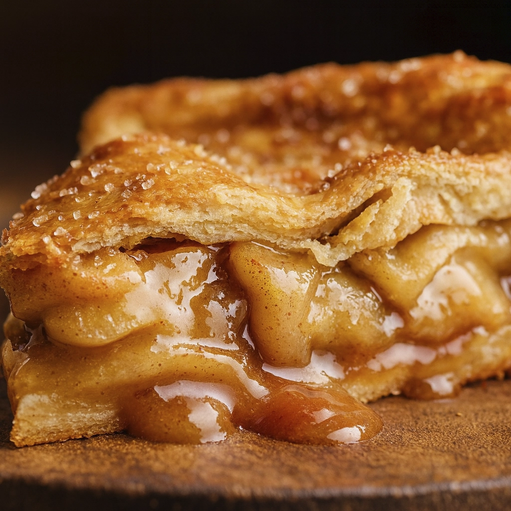 Close-up of a golden apple pie slice with flaky crust and cinnamon-glazed apple filling on rustic wood
