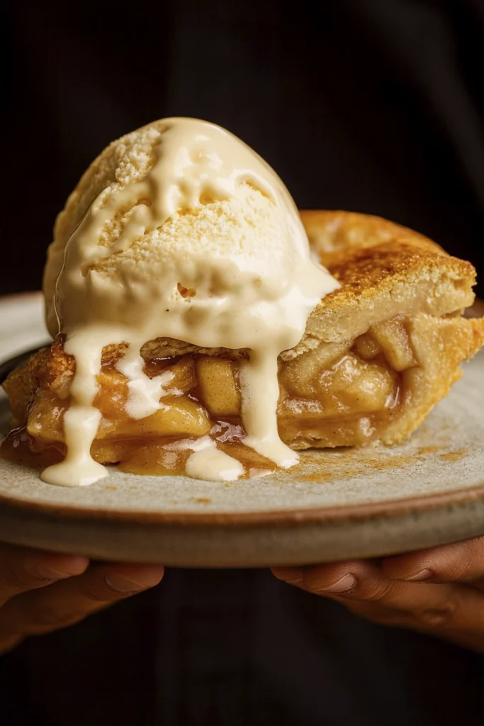 Whole apple pie with golden crust and sugar crystals in white ceramic dish