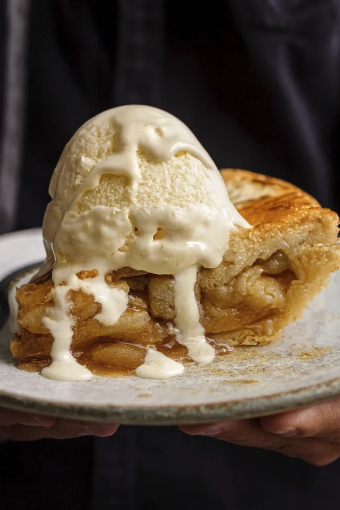 Apple pie slice topped with melting vanilla ice cream on rustic plate