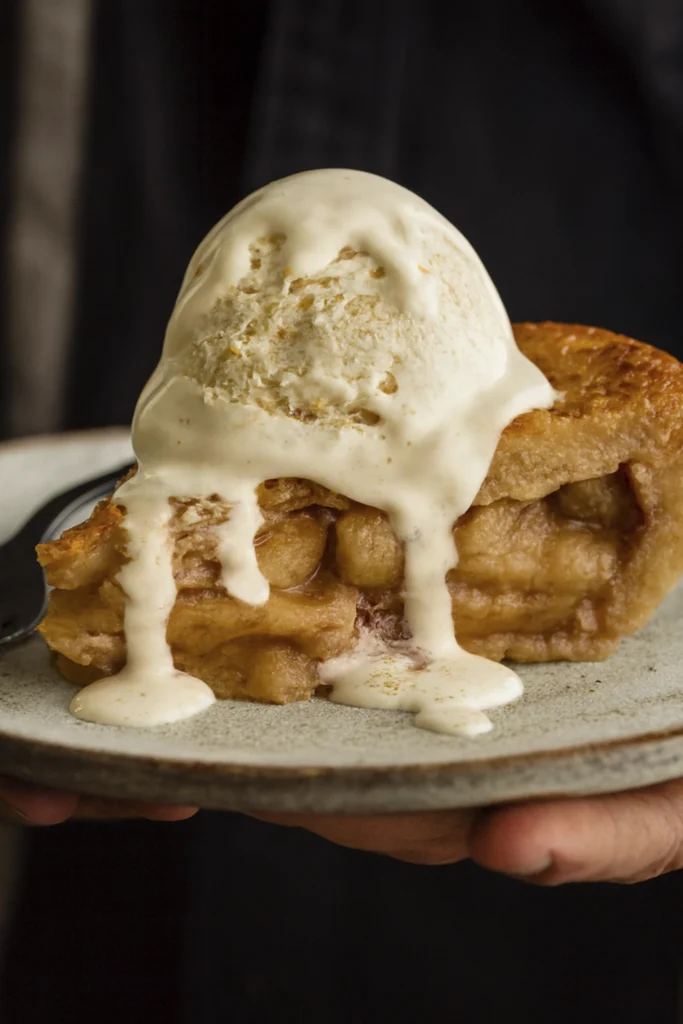 Close-up of apple pie slice with melting vanilla ice cream on rustic plate