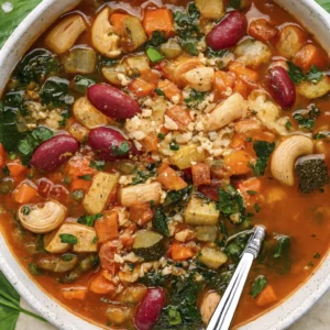 Close-up of hearty minestrone soup with pasta, beans, vegetables, and Parmesan in a rustic bowl