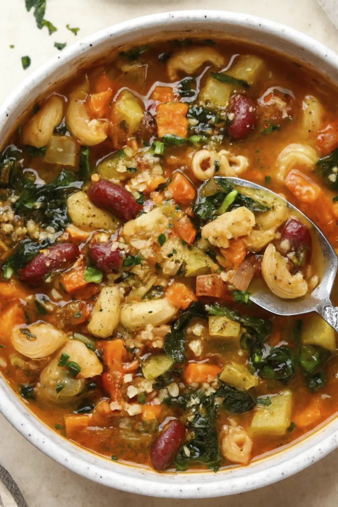 Close-up of minestrone soup with pasta, beans, vegetables, and Parmesan in a rustic bowl
