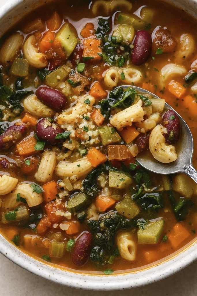 Rustic bowl of minestrone soup with pasta, beans, vegetables, and Parmesan garnish