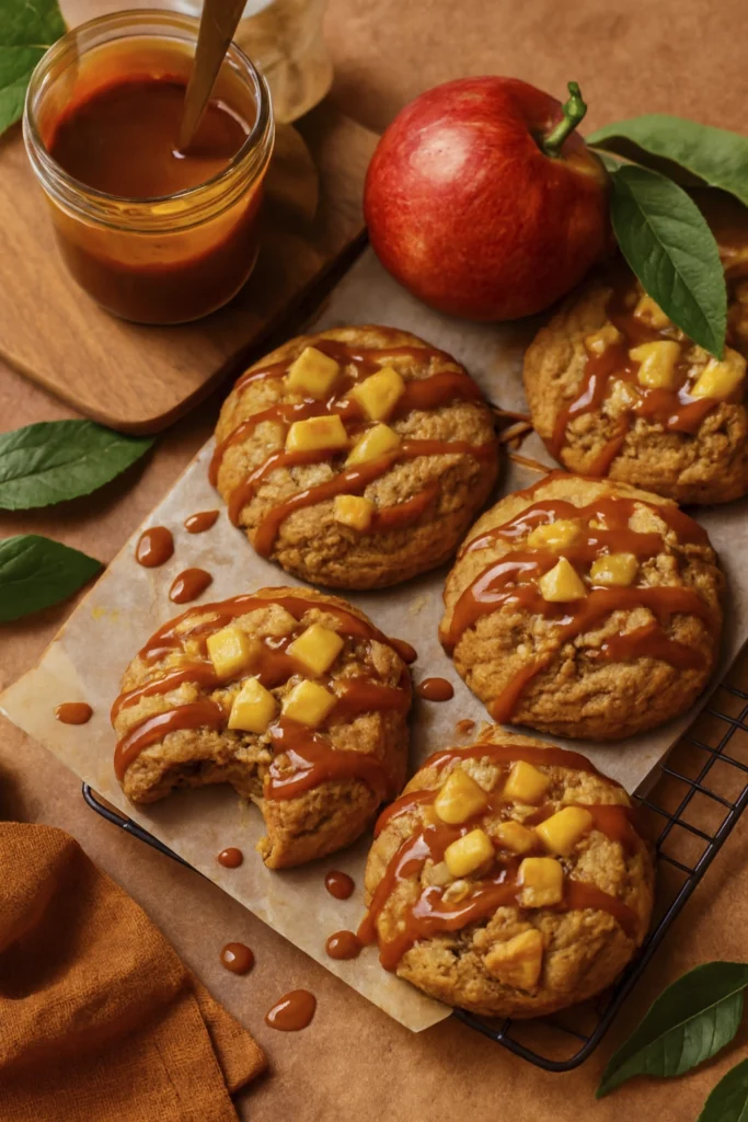 Close-up of apple caramel cookies with gooey caramel drizzle and apple chunks on parchment paper, styled with a red apple, caramel jar, wooden cutting board, and rustic napkin on a warm-toned countertop.