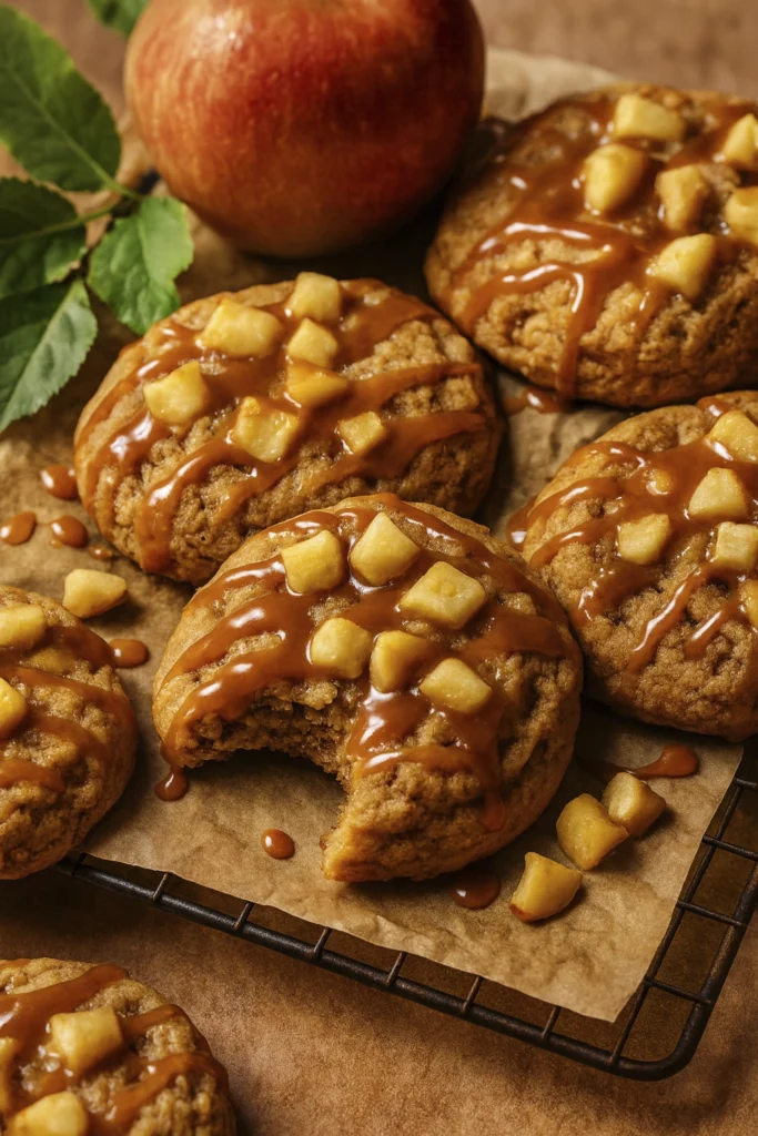 Close-up of apple caramel cookies with gooey caramel drizzle and apple chunks on parchment paper, styled with a red apple, caramel jar, and rustic fall accents.