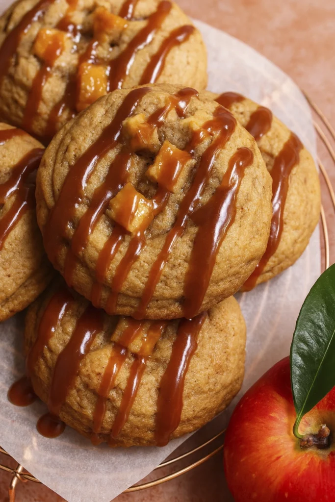 Stacked caramel apple cookies drizzled with glossy caramel sauce on parchment paper, styled with a fresh red apple for a cozy autumn dessert scene.