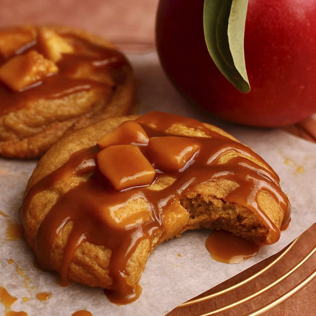 Close-up of a caramel apple cookie with apple chunks and caramel drizzle on parchment paper, styled for autumn-themed dessert photography.