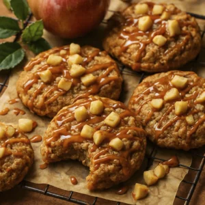 Close-up of golden apple caramel cookies with gooey caramel drizzle and apple chunks on parchment paper, styled with a fresh red apple and green leaves.