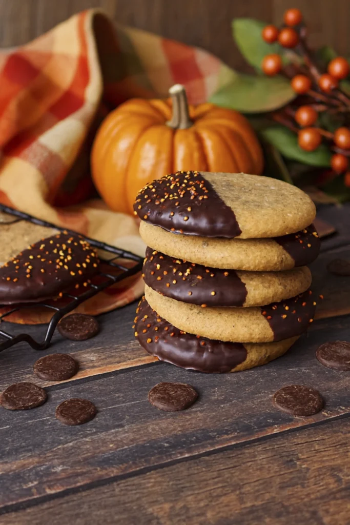 Stack of chocolate-dipped cookies with colorful sprinkles on rustic wooden table, surrounded by pumpkin, plaid cloth, and autumn decorations.