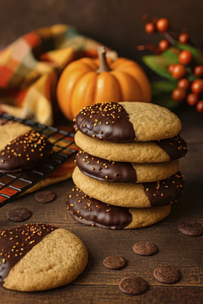 Chocolate-dipped cookies with rainbow sprinkles on rustic wooden board surrounded by pumpkins, plaid cloth, and autumn decorations