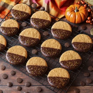 Festive autumn cookies dipped in chocolate with golden sprinkles on a rustic cooling rack surrounded by pumpkin, berries, and cozy seasonal decor