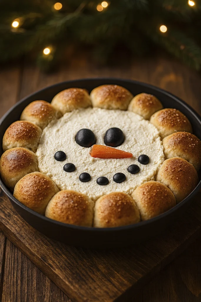 Snowman-shaped cheese dip surrounded by golden pull-apart bread rolls in a festive holiday wreath.