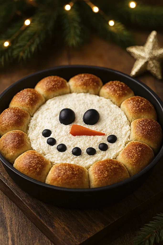 Snowman cheese dip in white dish with spiral crescent rolls on a snowy holiday table.