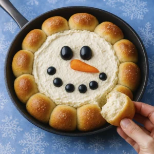 Festive snowman-shaped cheese dip in a skillet surrounded by golden pull-apart bread rolls on a snowy blue background.