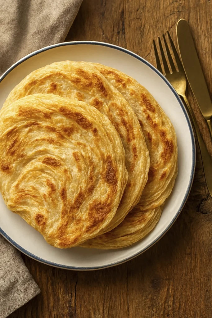 Rustic Indian parathas on a vintage plate with brass cutlery and natural wood background.