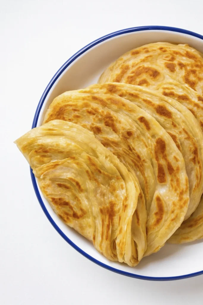 Golden flaky Indian parathas stacked on a white plate with blue rim against a clean white background.