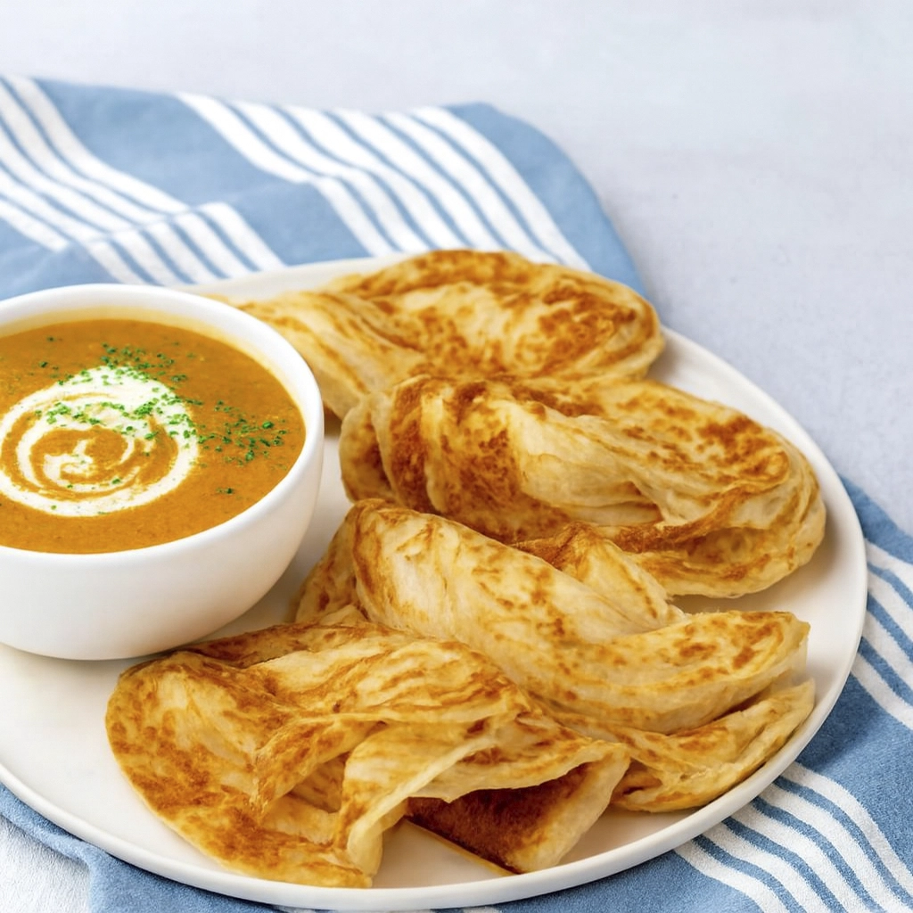 Golden brown Indian parathas served with creamy herb-garnished curry on a striped cloth background.