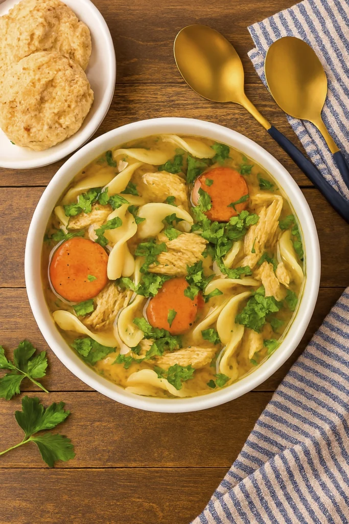 Bowl of homemade chicken noodle soup with noodles, chicken, carrots, celery, and parsley, served with biscuits and golden spoons