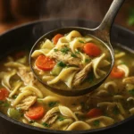 Close-up of homemade chicken noodle soup with egg noodles, shredded chicken, carrots, celery, and parsley in a ladle over a pot.