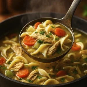 Close-up of homemade chicken noodle soup with egg noodles, shredded chicken, carrots, celery, and parsley in a ladle over a pot.