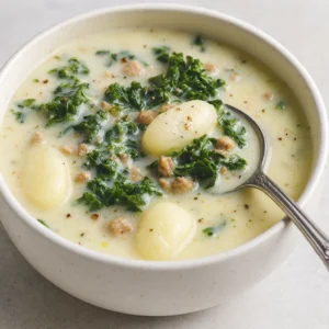 Rustic white ceramic bowl of Gnocchi Zuppa Toscana with sausage, kale, and cracked black pepper