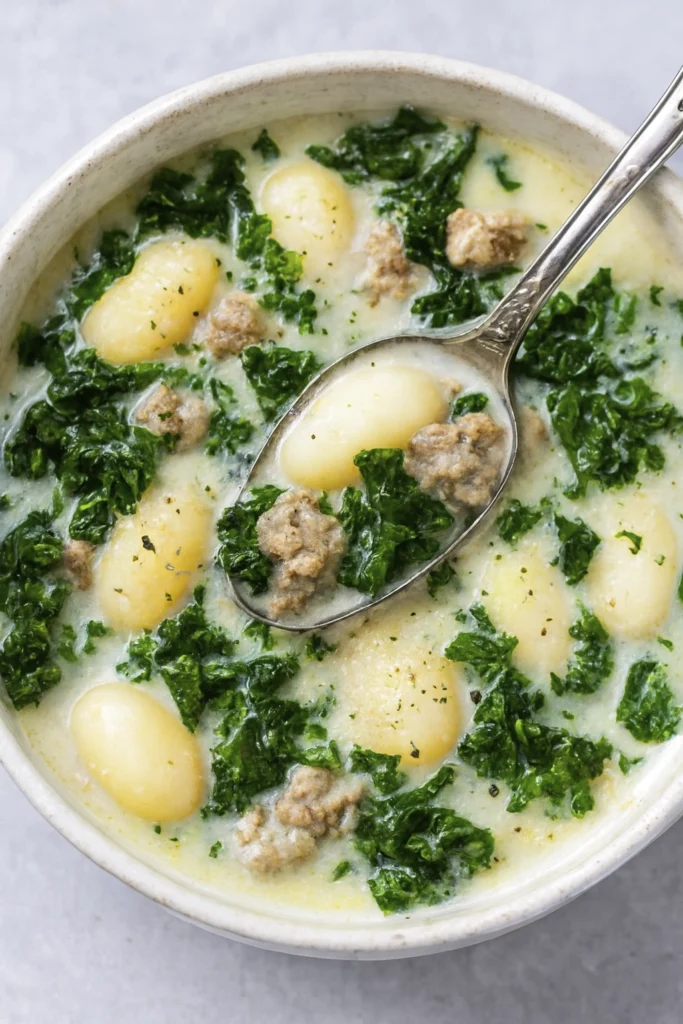 Overhead view of creamy gnocchi soup with sausage and kale in a rustic pot