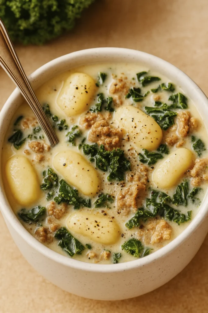 Rustic bowl of creamy gnocchi soup with Italian sausage, kale, and cracked pepper in a velvety cream broth, served with a silver spoon.
