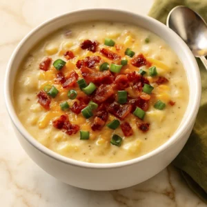 Creamy loaded potato soup topped with cheddar cheese, crispy bacon, and green onions in a white bowl on marble background