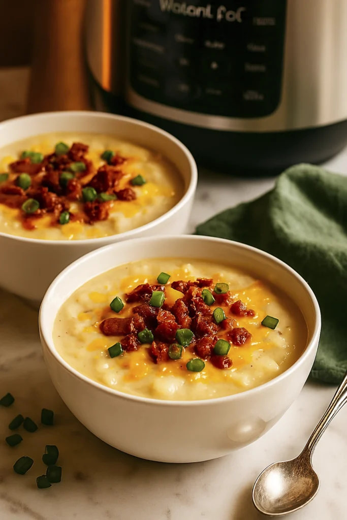 Two bowls of creamy loaded potato soup with cheddar cheese, bacon, and green onions served on marble countertop with Instant Pot in background