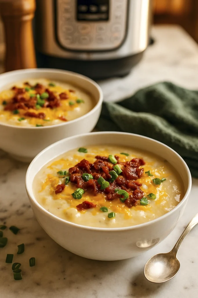 Instant Pot loaded potato soup served in two bowls, topped with cheddar cheese, crispy bacon, and fresh green onions on a marble countertop