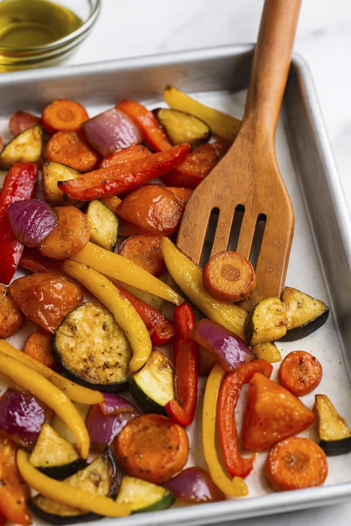 Farmhouse-style tray of roasted vegetables with carrots, peppers, zucchini, eggplant, and onions on parchment paper