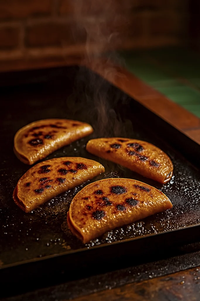 Overhead view of corn tortillas and glazed chicken sizzling on a flat-top griddle with steam and garnishes.