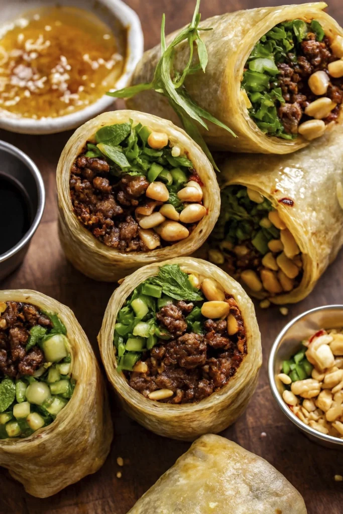 Thai fusion spring rolls with spicy chicken, peanuts, herbs, and sesame-peanut sauce on slate board.