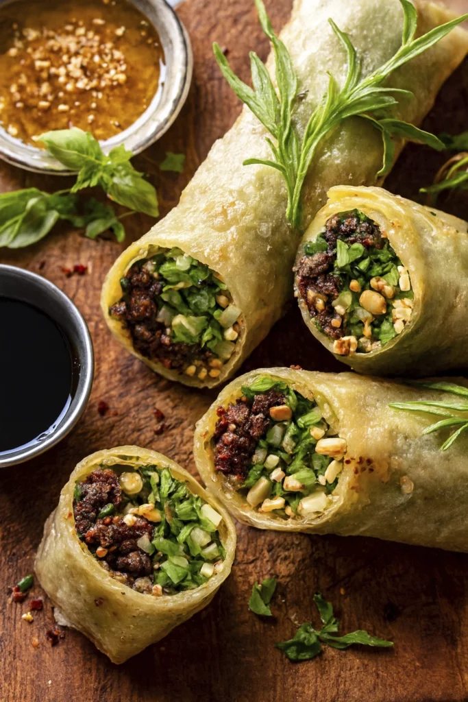 Crispy Vietnamese spring rolls with pork, mint, peanuts, and cucumber on a wooden board with sauces.
