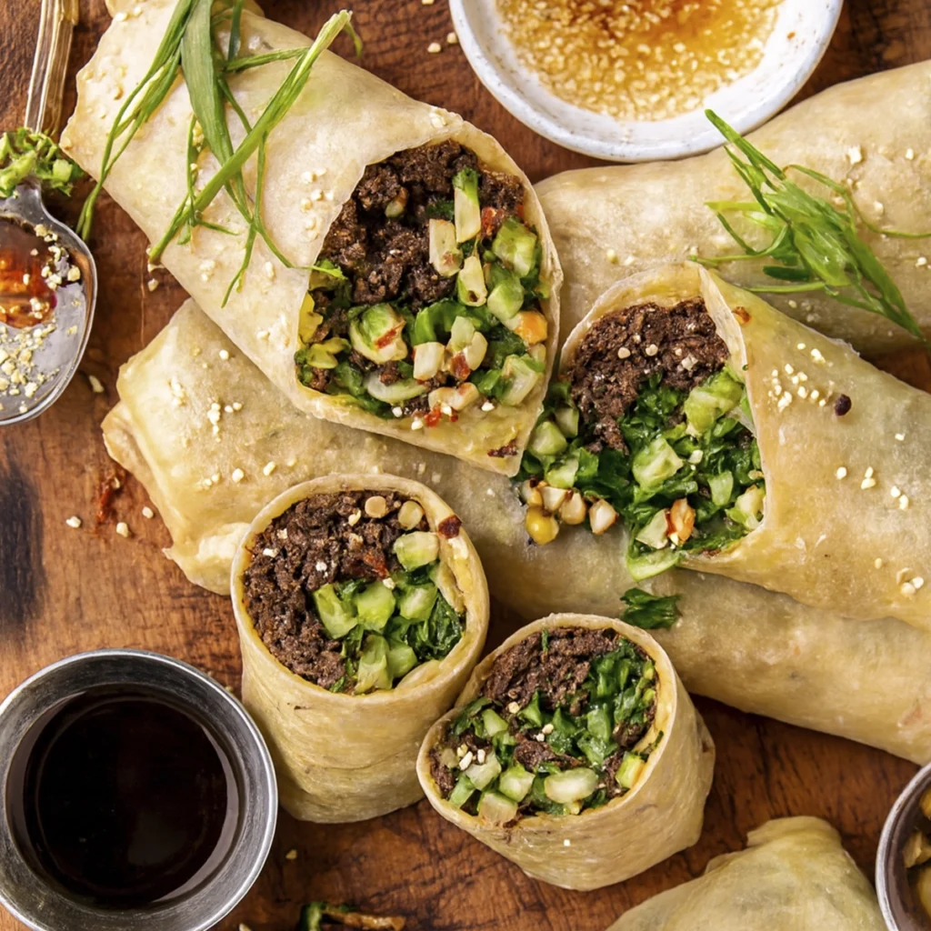 Close-up of fresh Vietnamese spring rolls with meat, herbs, and dipping sauces on a wooden board