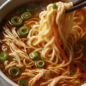 Steaming Asian noodle soup in ceramic bowl with shredded chicken, chili flakes, green onions, and noodles lifted by chopsticks.