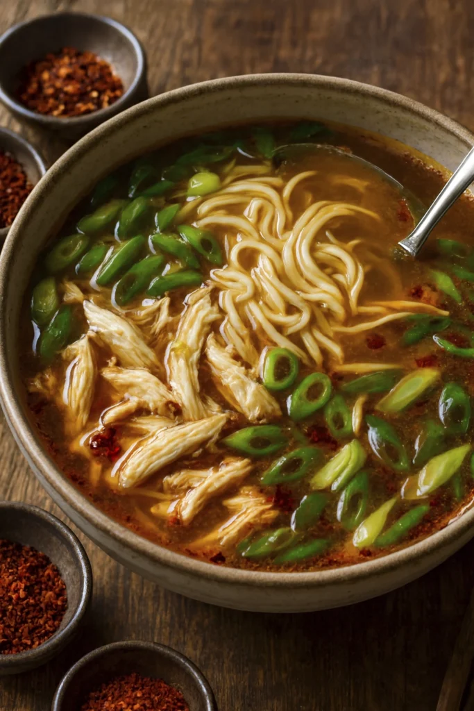 Editorial-style spicy Asian noodle soup with red chili oil, shredded chicken, and green onions.