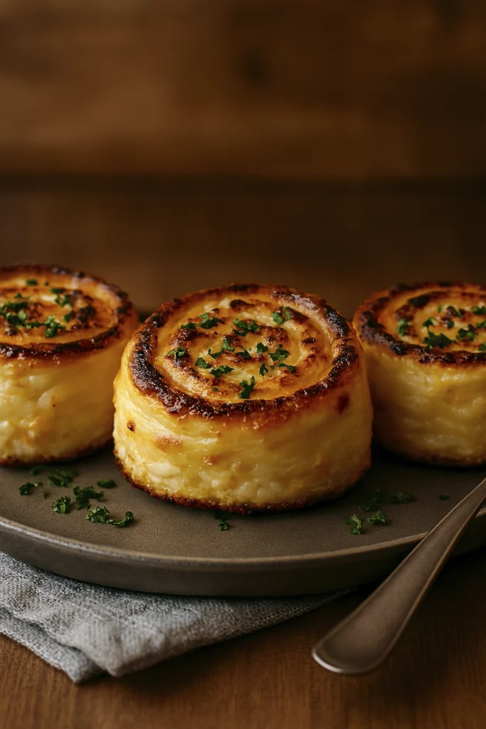 Golden-brown cheese and pasta pinwheels on a ceramic plate, garnished with parsley in rustic kitchen light.