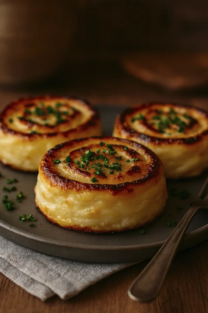 Golden-brown cheese and pasta pinwheels aligned on a ceramic plate, garnished with parsley in a rustic kitchen setting.