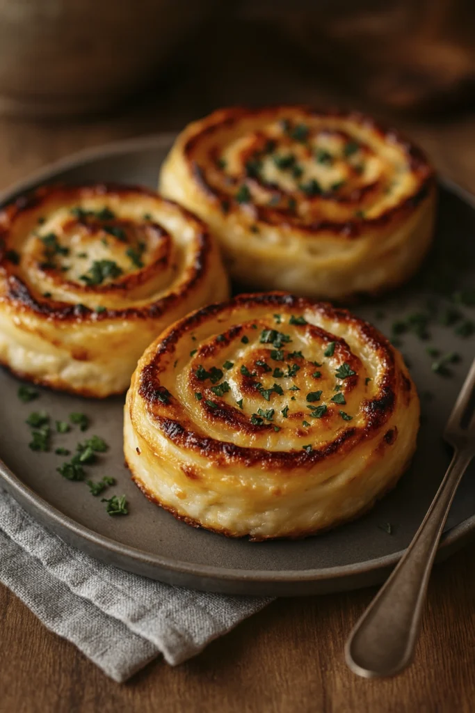 Stacked baked cheese and pasta pinwheels with crispy edges and creamy filling, garnished with parsley.