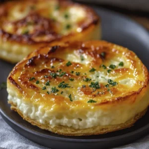 Close-up of two savory cheese tarts with golden crusts and parsley garnish on dark plate