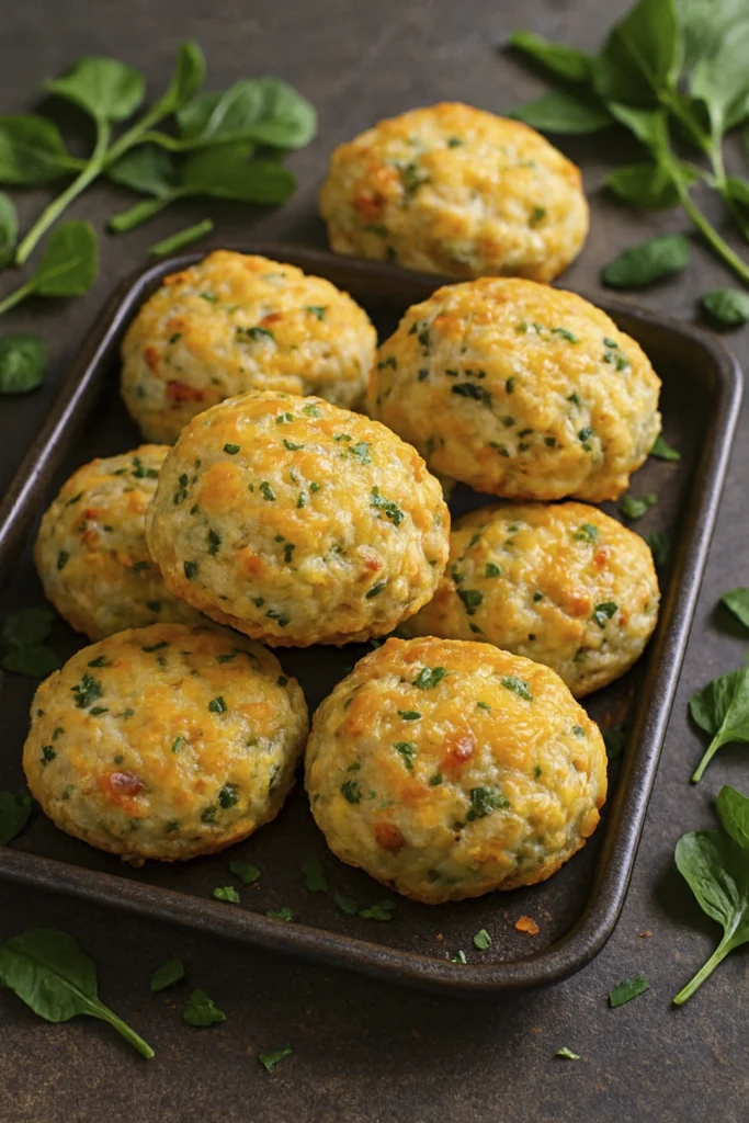 Golden savory biscuits with cheese, herbs, and bacon on a dark tray with green garnish