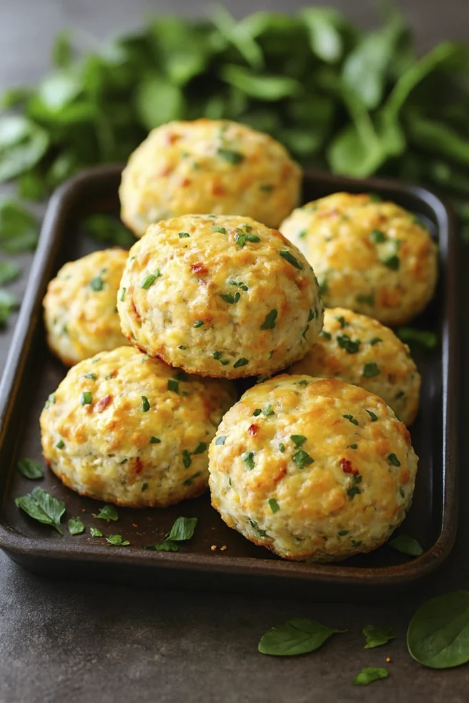 Homemade cheese and herb biscuits with bacon on a rustic tray, styled with fresh greens