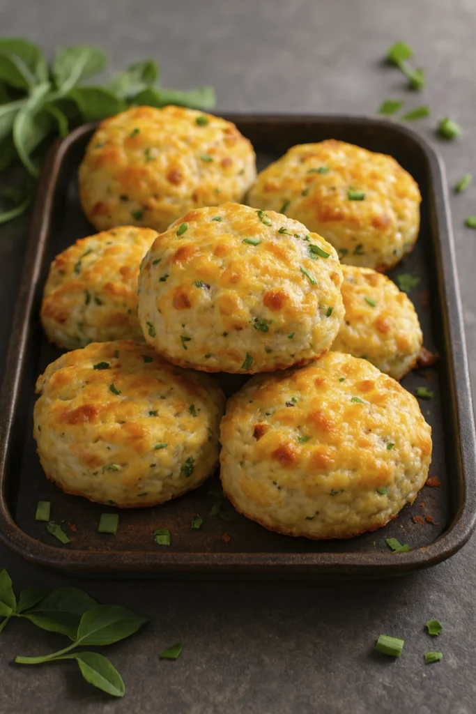 Freshly baked savory biscuits with melted cheese, herbs, and bacon on a rustic tray surrounded by greens