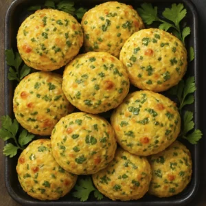 Golden savory cheese biscuits with herbs and red bell pepper on a rustic tray, top-down view